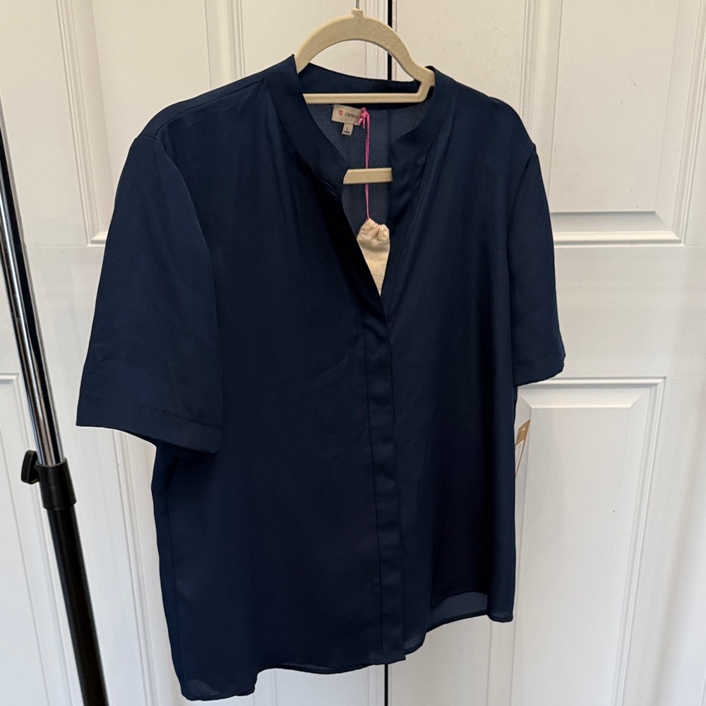 Cremieux Navy Short-Sleeve Band-Collar Button-Front Shirt